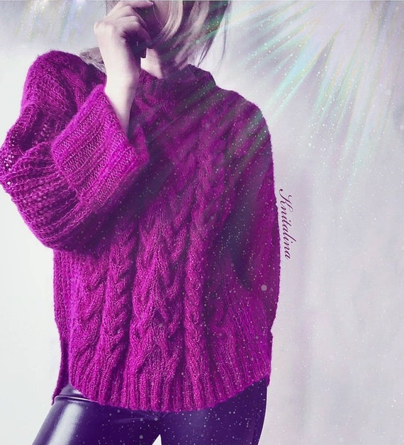 Alpaca Loose Sweater,cable Knit Sweater,oversize Woman Pullover, Cerise  Neon Pink Red Purple Alpaca Silk Sweater, Boho Soft Alpaca Pullover - Etsy