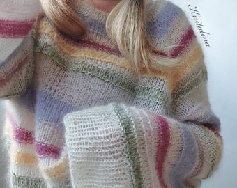 Rainbow Pastel Sweater. Striped Mohair Pullover. Loose Alpaca Mohair Sweater. Colorful Oversize Sweater. Mohair Alpaca Womens Oversize.