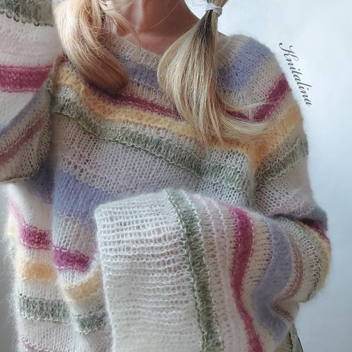 Suéter arcoíris pastel. Jersey de mohair a rayas. Suéter holgado de alpaca y mohair. Suéter colorido extragrande. Suéter extragrande de mohair y alpaca para mujer.