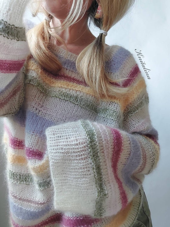 Rainbow Pastel Sweater. Striped Mohair Pullover. Loose  display picture 3