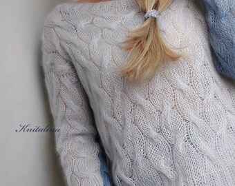 Hand Knit Mohair Sweater. Denim Blue Ice Grey Double-Sided Sweater, Colorblock Cable Sweater, Colorful Soft Mohair Pullover.