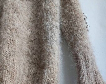 Beige Alpaca Sweater. Knit Polo Sweater. Fluffy Wool Sweater. Buttoned Sweater. V-neck Sweater. Urban Sweater. Alpaca Merinos Pullover.