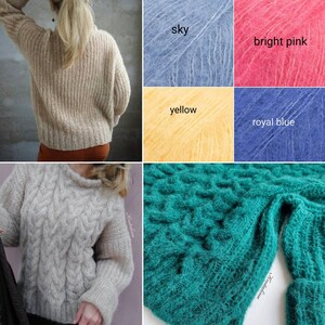 Peut inclure: Un gros plan sur un pull en tricot de couleur beige clair. Le pull pr&eacute;sente un motif en tricot torsad&eacute; et est r&eacute;alis&eacute; dans un fil doux et moelleux. Le pull est pr&eacute;sent&eacute; dans diff&eacute;rentes couleurs, notamment le bleu ciel, le rose vif, le jaune et le bleu royal.