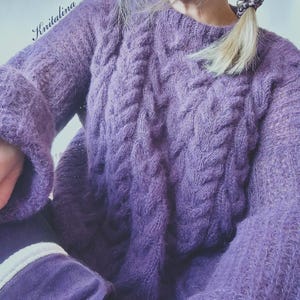 Alpaca trui met losse pasvorm, kabelgebreide trui, oversized damespullover, kersenroze neonroze roodpaarse alpaca zijden trui, boho zachte alpaca pullover afbeelding 20