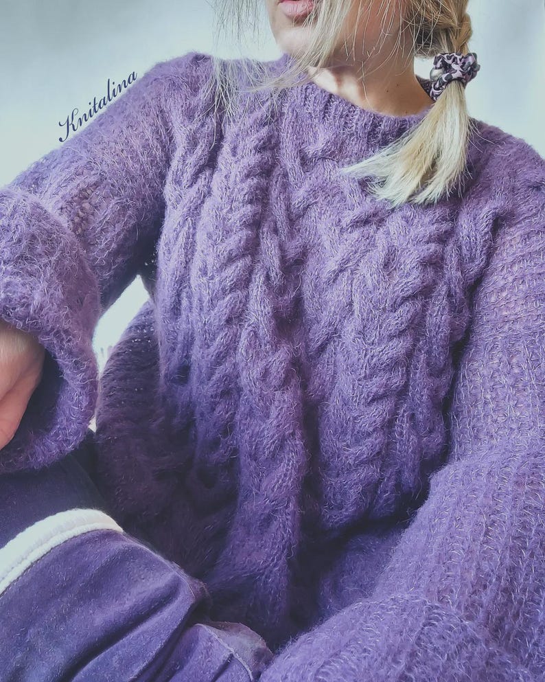 Alpaca trui met losse pasvorm, kabelgebreide trui, oversized damespullover, kersenroze neonroze roodpaarse alpaca zijden trui, boho zachte alpaca pullover afbeelding 20