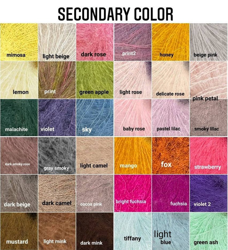 May include: A chart of 36 different yarn colours, with each colour labelled with a name. The colours are arranged in a grid pattern, with the names of the colours printed below each swatch.