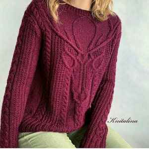 Stag head sweater. Wool sweater. Wine red sweater. Knitted Fauna Sweater. Alpaca Merino Yak sweater. Cable sweater. Knitted weather sweater.
