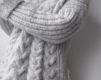 Alpaca Wool Sweater, Turtleneck Knitted Cables Sweater, Loose Grey Turtleneck,  Fluffy Alpaca Oversized Sweater,  Strick Alpaca Pullover