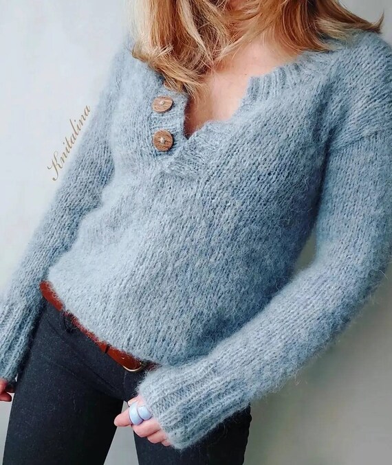 Alpaca Fluffy Sweater Polo Wool Sweater Fog Light Blue Cream - Etsy