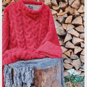 Alpaca trui met losse pasvorm, kabelgebreide trui, oversized damespullover, kersenroze neonroze roodpaarse alpaca zijden trui, boho zachte alpaca pullover afbeelding 4