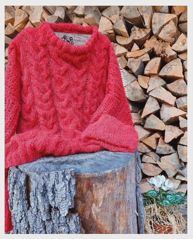 Alpaca trui met losse pasvorm, kabelgebreide trui, oversized damespullover, kersenroze neonroze roodpaarse alpaca zijden trui, boho zachte alpaca pullover afbeelding 4