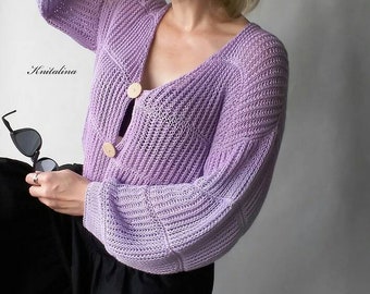 Hand Knit Cotton Cardigan. Slouchy Lilac Cardigan. Cropped Sweater. Buttoned Sweater. Summer Beach Cardigan Sweater.
