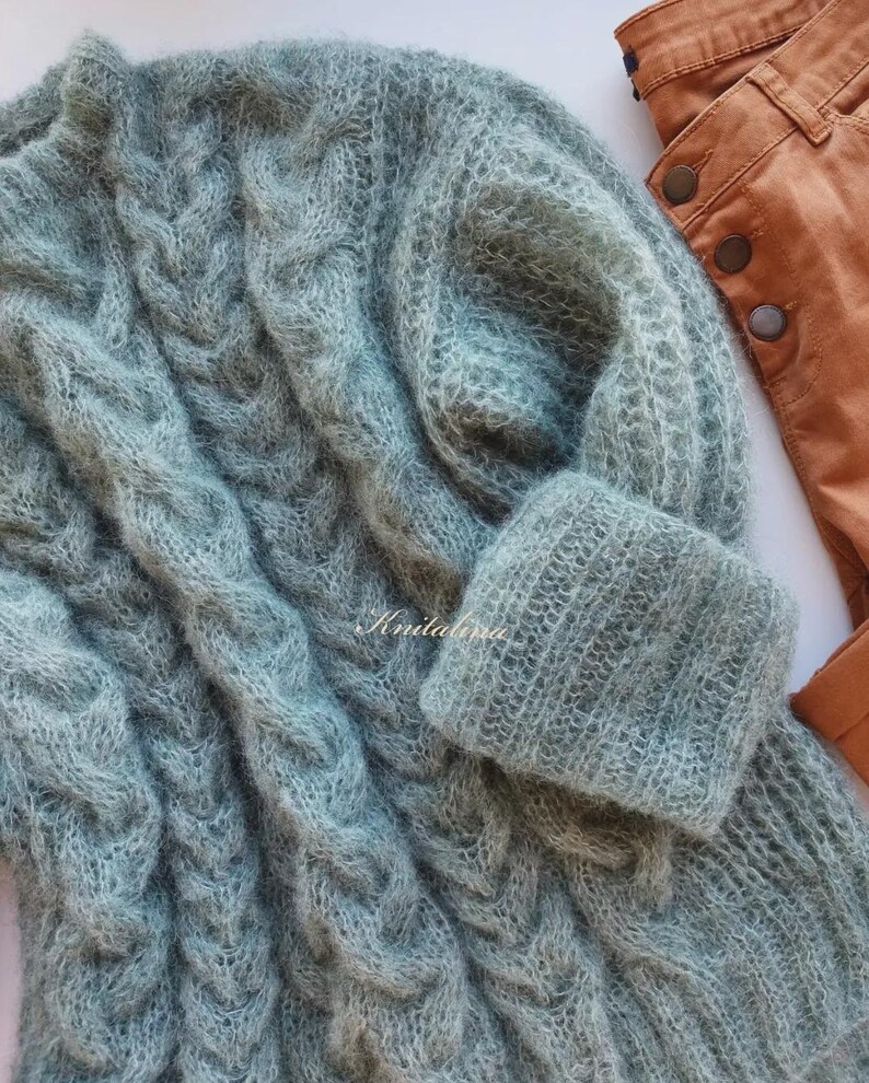 Alpaca trui met losse pasvorm, kabelgebreide trui, oversized damespullover, kersenroze neonroze roodpaarse alpaca zijden trui, boho zachte alpaca pullover afbeelding 5