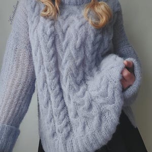 Alpaca trui met losse pasvorm, kabelgebreide trui, oversized damespullover, kersenroze neonroze roodpaarse alpaca zijden trui, boho zachte alpaca pullover afbeelding 6