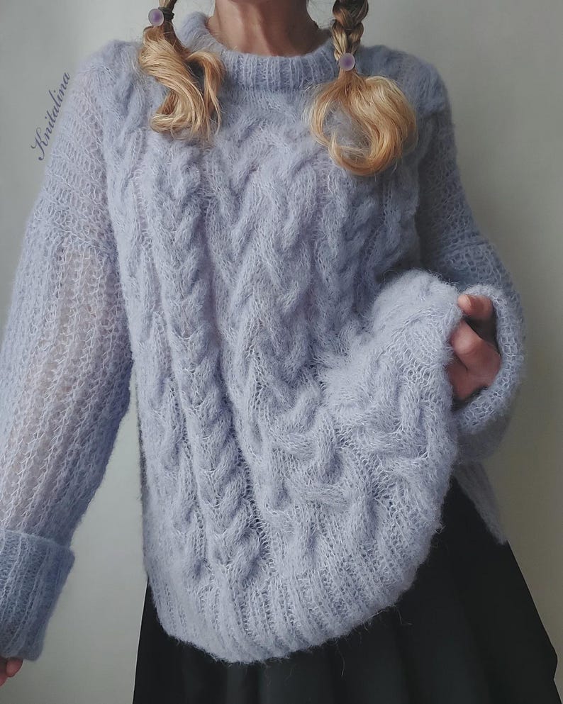 Alpaca trui met losse pasvorm, kabelgebreide trui, oversized damespullover, kersenroze neonroze roodpaarse alpaca zijden trui, boho zachte alpaca pullover afbeelding 6
