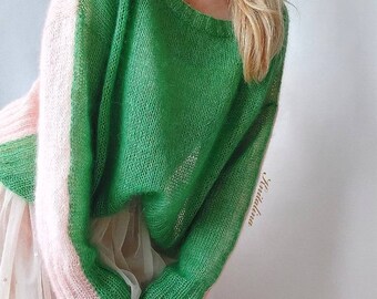 Mohair Silk Double-Sided Sweater, Colorblock Loose Sweater, Hand Knit Rainbow Sweater, Colorful Mohair Pullover