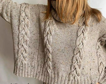 Turtleneck Sweater. Alpaca Wool Sweater. Cable Knit Sweater. Oversized Tweed Sweater. Loose Beige Gray Sweater. Slouchy Turtleneck.