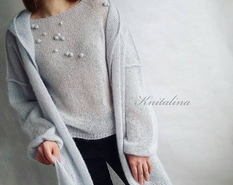 Mohair Sweater and Mohair Cardigan, Hooded Mohair Cardigan, Long Mohair and Silk Cardigan, Loose Cardigan, Polka Dot Sweater, Hooded Coat