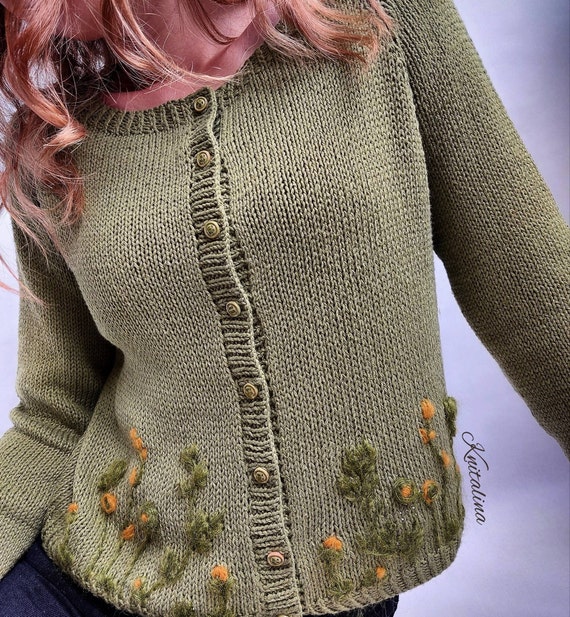 Flower Embroidered Knit Cardigan, Embroidered Cotton Sweater