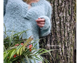Alpaca Wool Polo Sweater, Fluffy Pullover, V-neck Sweater, Hand Knit Womens Sweater, Sea Green Blue White Yellow Pink Beige Grey  Sweater.