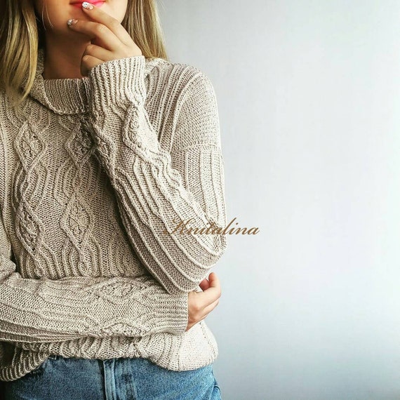 Knitalina Beige Cotton Sweater. Cotton Aran Sweater. Turtleneck Womens Sweater. Cotton Knit Sweater. Ecru Cotton sweater.Lace Sweater. Cable Sweater.