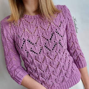 Lace Cotton Sweater, Knit Openwork Sweater, Fuchsia Pink Sweater, Cropped Sleeve Jumper, Summer Spring Pullover, Short Cotton Sweater,