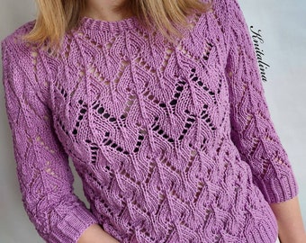 Lace Cotton Sweater, Knit Openwork Sweater, Fuchsia Pink Sweater, Cropped Sleeve Jumper, Summer Spring Pullover, Short Cotton Sweater,