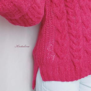 Alpaca trui met losse pasvorm, kabelgebreide trui, oversized damespullover, kersenroze neonroze roodpaarse alpaca zijden trui, boho zachte alpaca pullover afbeelding 8