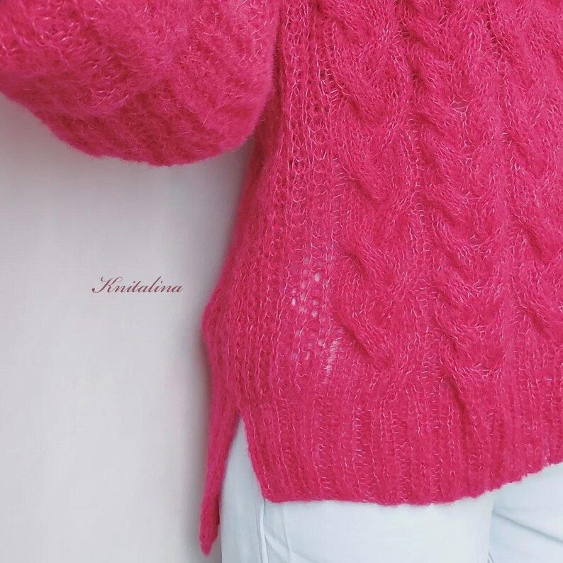 Alpaca trui met losse pasvorm, kabelgebreide trui, oversized damespullover, kersenroze neonroze roodpaarse alpaca zijden trui, boho zachte alpaca pullover afbeelding 8
