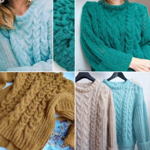 Alpaca trui met losse pasvorm, kabelgebreide trui, oversized damespullover, kersenroze neonroze roodpaarse alpaca zijden trui, boho zachte alpaca pullover afbeelding 19