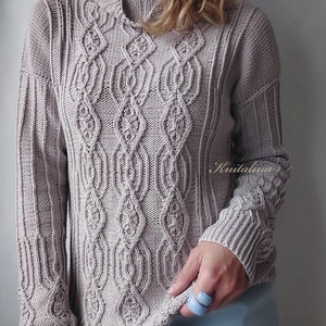 Beige cotton sweater. Cotton Aran Sweater. Turtleneck womens sweater. Cotton knit sweater. Ecru cotton sweater.Lace sweater. Cable sweater.