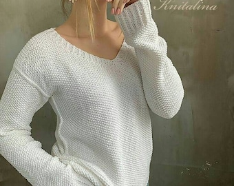 Sweter z lnianej bawełny z dekoltem w serek. Bawełniany sweter damski. Lniany sweter damski. Luźny sweter. Biało-różowo-oliwkowo-niebiesko-szary sweter. Stylowy sweter