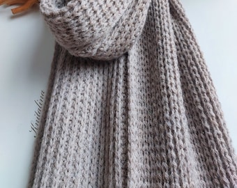 Beige Long Chunky Alpaca Scarf, Women Blanket Scarf, Hand Knitted Bulky Scarf, Soft Woll Ribbed Shoulder Scarf, Winter Casual Scarf Shawl.