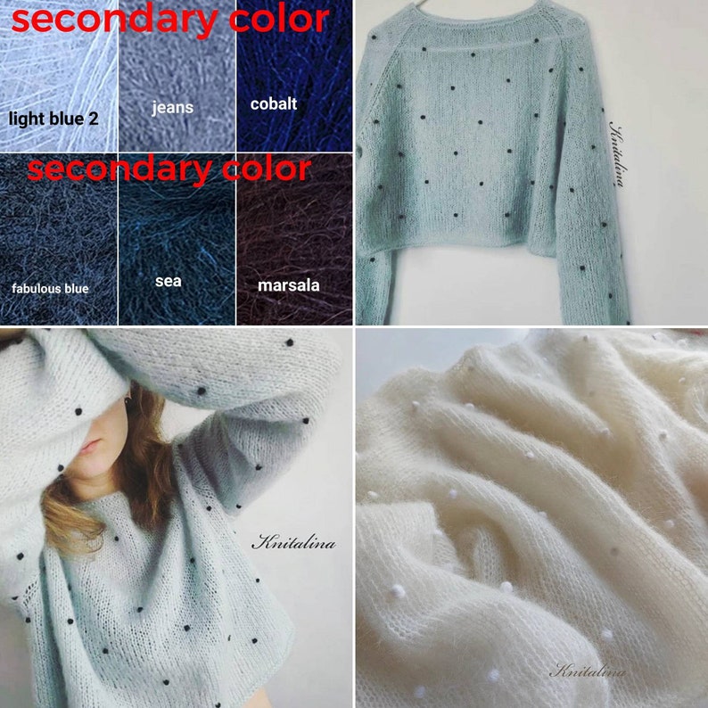 May include: A light blue knitted jumper with black beads. The jumper has a loose fit and a round neckline. The jumper is shown in different poses, including a close-up of the fabric.