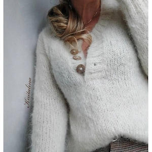 Suéter de alpaca esponjoso, suéter de lana tipo polo, suéter crema, blanco roto, amarillo, rojo y azul, suéter de mujer de alpaca tejido a mano, suéter de alpaca abotonado