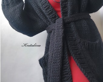 Chunky Wool Cardigan, Bulky Pocketed Belt Sweater, Black Alpaca Oversized, Knit Slouchy Cardigan, Loose Beige Milk Blue Gray Pink Cardigan