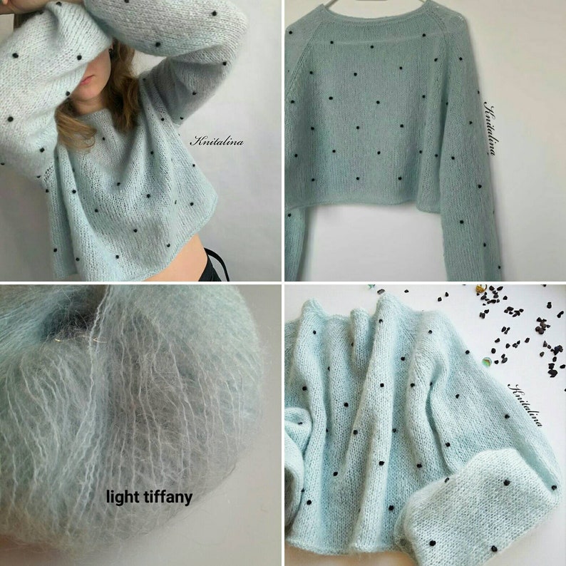 May include: A light blue sweater with black polka dots. The sweater is made from a soft, fuzzy yarn and has a cropped length. The sweater is shown in four different views, including a close-up of the yarn.