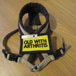 Pu&ograve; includere: Un'imbracatura per cani marrone e beige con una toppa gialla che dice "Old with Arthritis". L'imbracatura ha una fibbia nera e un anello di metallo.