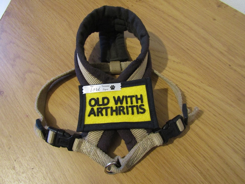 Pu&ograve; includere: Un'imbracatura per cani marrone e beige con una toppa gialla che dice "Old with Arthritis". L'imbracatura ha una fibbia nera e un anello di metallo.
