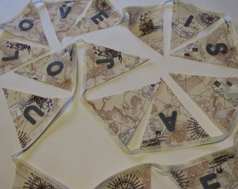 Travel themed Wedding, 'Love is a Journey' Wedding bunting banner, Map bunting, fabric bunting