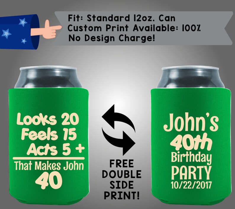 Feels 15 Birth3 Looks 20 Acts 5 That Makes Name 40 Name 40th Birthday Party Date Neoprene Birthday Can Cooler Double Side Print