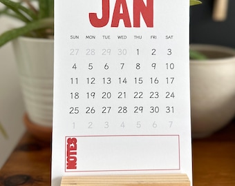 Colorful 2026 Desk Calendar with Reclaimed Wood Stand: Minimalist Design