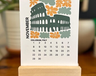 Travel Landmarks 2026 Desk Calendar: Art Decor, Reclaimed Wood Stand