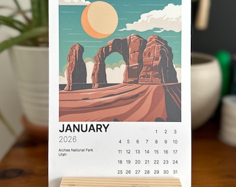 Calendario de escritorio del Parque Nacional 2026: Láminas artísticas, soporte de madera recuperada