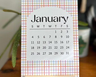 Rainbow plaid 2027 Desk Calendar: Colorful + Bright, Reclaimed Wood Stand