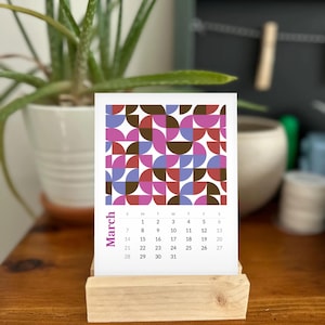 Calendario de escritorio geométrico retro 2027, diseño de mediados de siglo, 4x5 o 5x7 (soporte opcional)