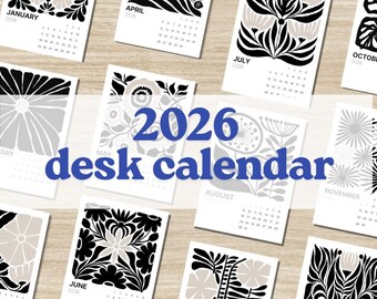Black & White Botanical 2026 Desk Calendar | PRINTABLE