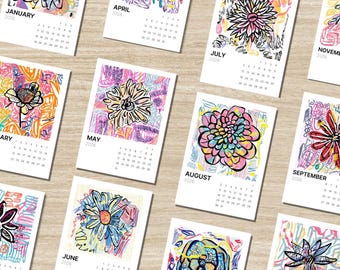 Abstract Expressionist Floral 2027 Desk Calendar | Bold Modern Art with Wooden Stand