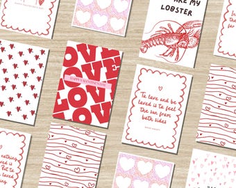 Valentines Day Cards Set of 12 | Heart and Love Designs | Quirky Modern Notes | A2 Size with Envelopes
