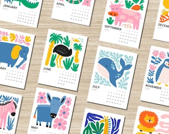 Whimsical Animal 2027 Desk Calendar | Colorful Illustrated Art with Wooden Stand